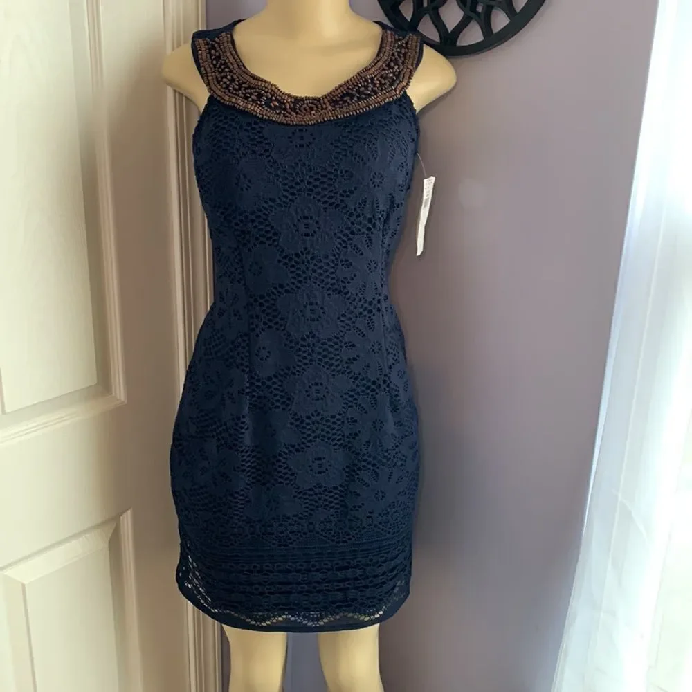 Navy Beaded Cocktail Party Formal Special Occasion Dress 4
